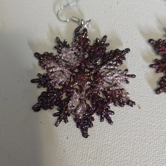 HANDCRAFTED Snowflake Earrings HANDPAINTED HANDMADE Shimmery Holiday Jewelry - Picture 9 of 11